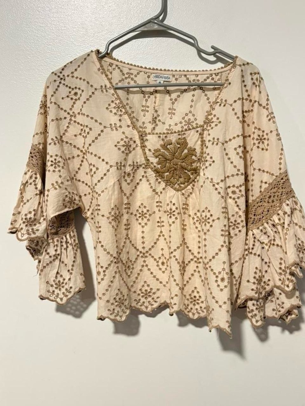 Cream & tan Modaposa boho blouse with lace details small - Picture 2 of 8